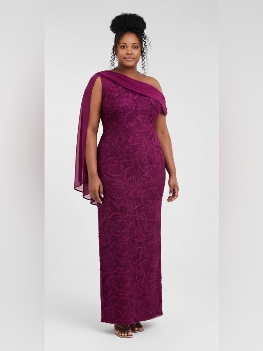 NWT JS Collections Elodie One Shoulder Neck Drape Lace Gown Plum 16